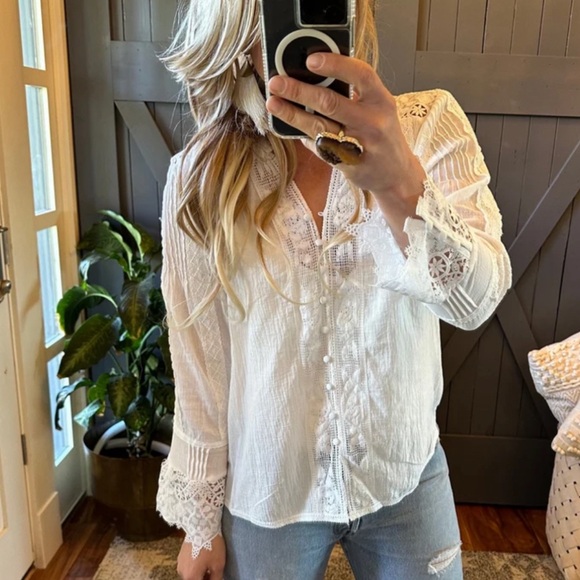 New White Lace Inset 3/4 Sleeve Button Front Blouse Top Women's Top Boho - Picture 9 of 11